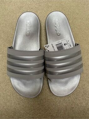 adidas Women Silver Metallic Slide Sandals